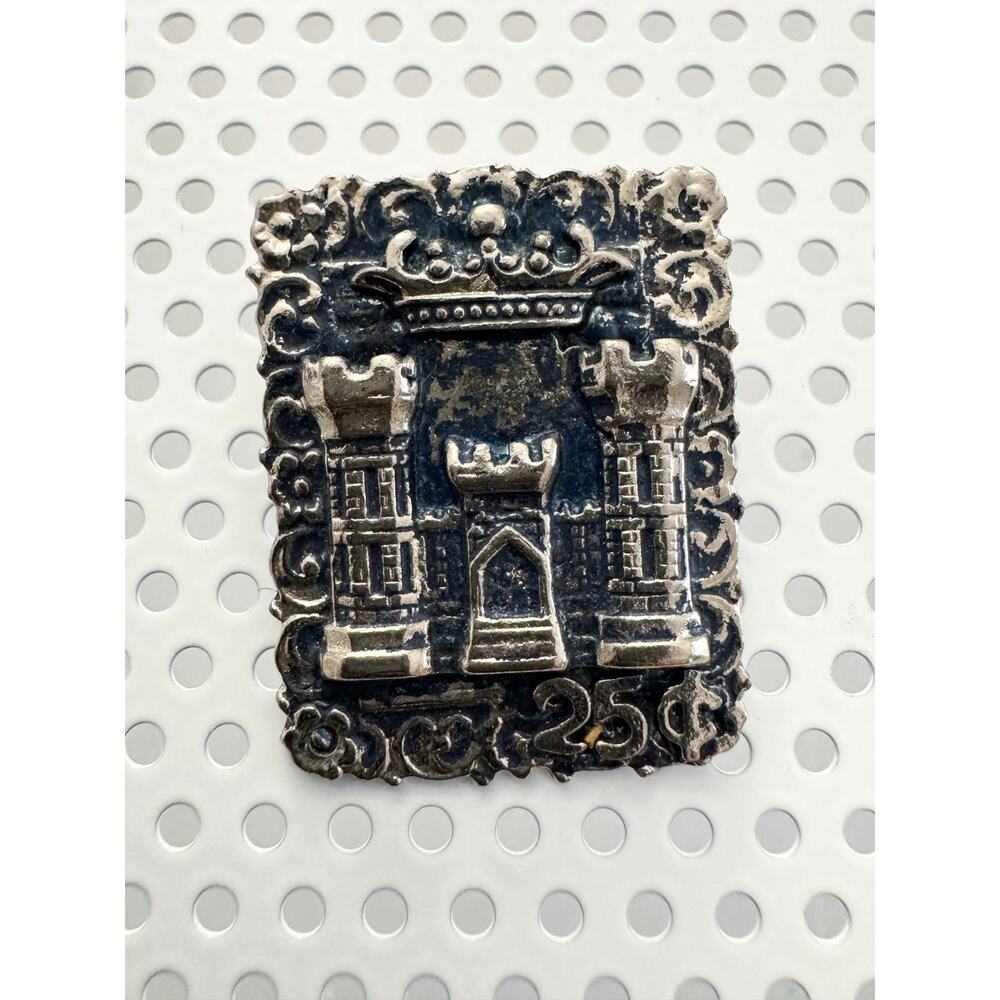 Vintage Castle Stamp Pin Metal Blue & Silvertone